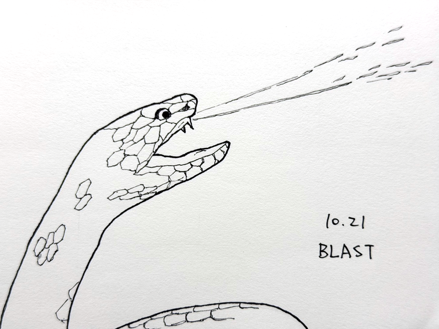 代針筆畫的一隻正在噴毒液的蛇