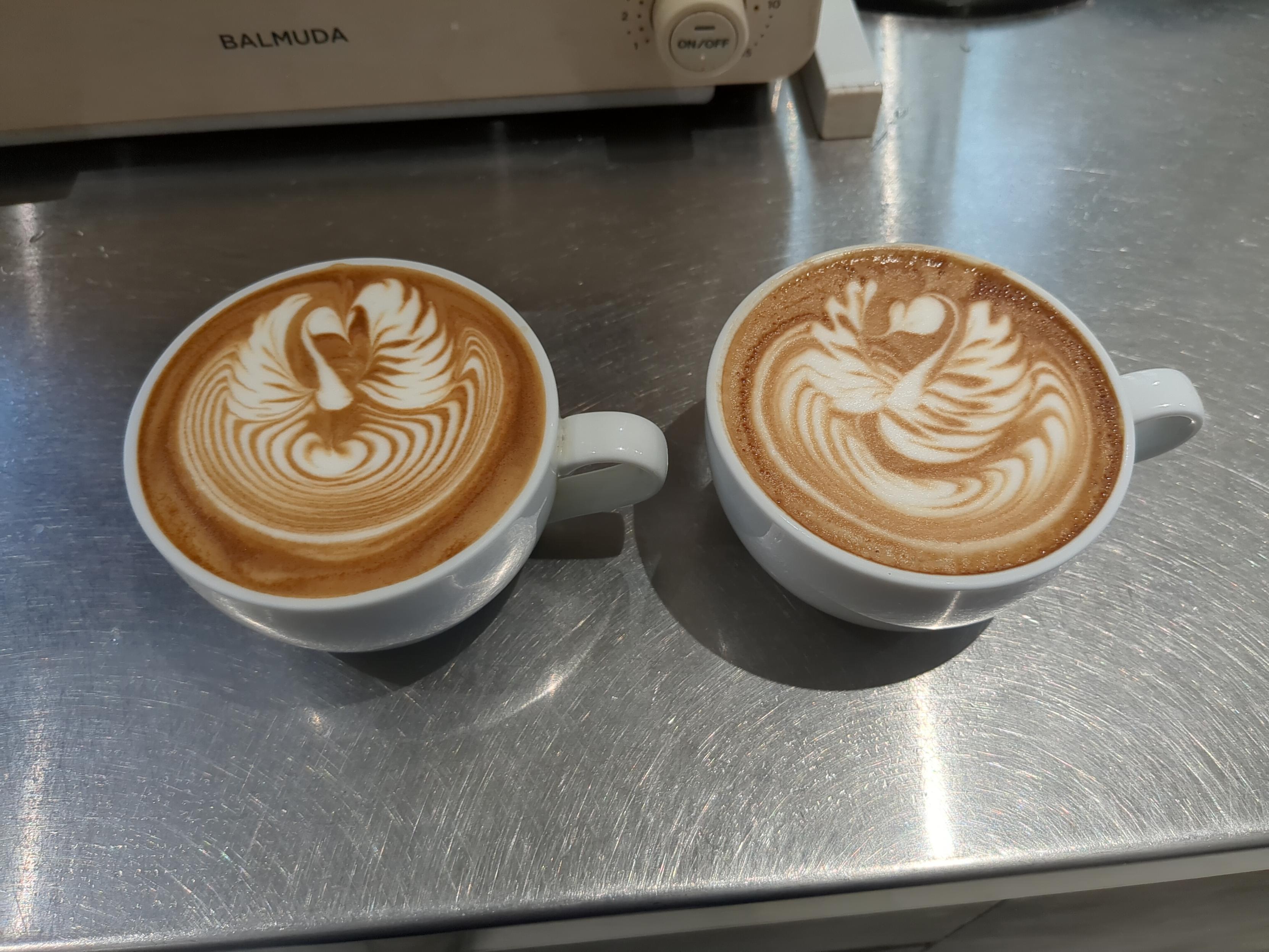 兩杯有雙翅天鵝拉花的拿鐵