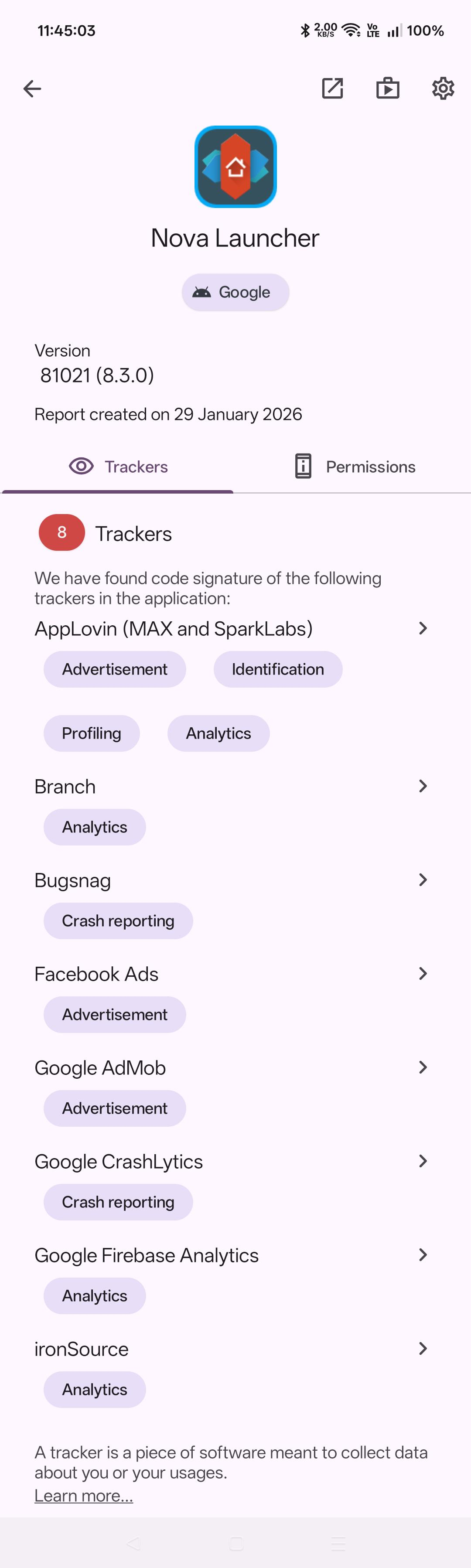 Nova Launcher has many trackers built-in