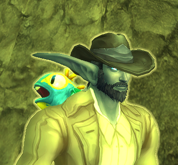 A night elf donning a faded dark cowboy hat. A murloc on his back goes, 'Ahhh!'